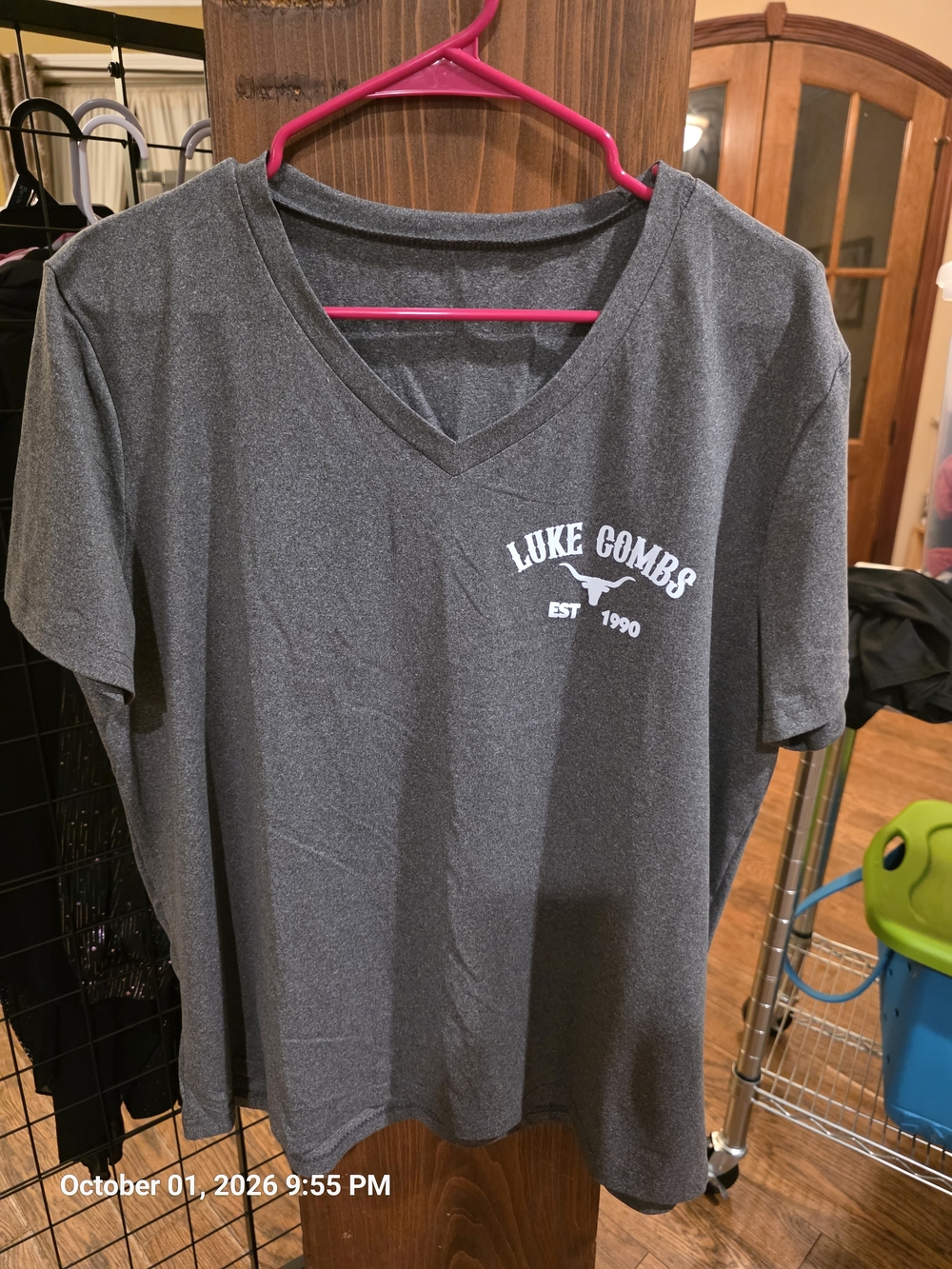 Luke Combs Women's Short Sleeve V-Neck Tee in Charcoal